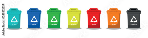 Colorful trash can set. Recycling bin different uses concept. Flat style vector illustration