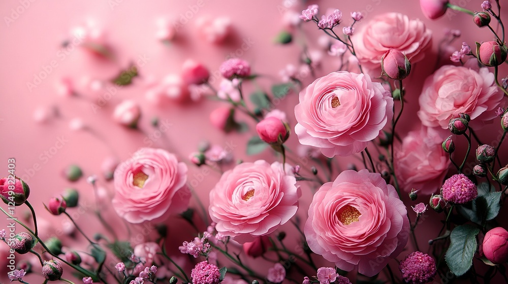 Blooming sakura, spring flowers on pink background with copy space for message. Greeting card for Valentine's Day, Woman's Day and Mother's Day holidays. Toned image. Top view Blooming sakura, spring flowers on pink background with copy space for message. Greeting card for Valentine's Day, Woman's Day and Mother's Day holidays. Toned image. Top view