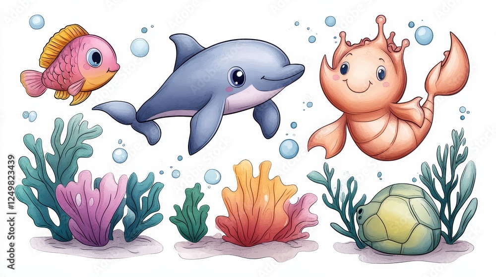 Obraz premium Colorful underwater scene featuring cute marine animals and vibrant corals.