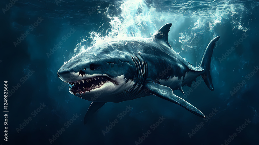 Naklejka premium Brain shark: a surreal underwater encounter. Deep Ocean Horror. Illustration
