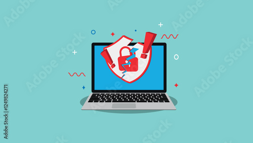 Laptop with broken shield padlock and exclamation mark on screen. Protection breakdown. Cyber attack. Flat style vector illustration