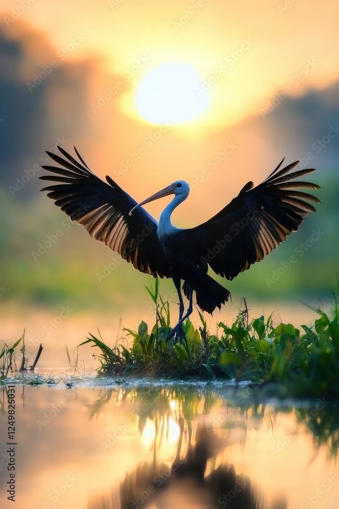 Obraz premium Shoebill stork spreading its large wings in a misty wetland at sunrise