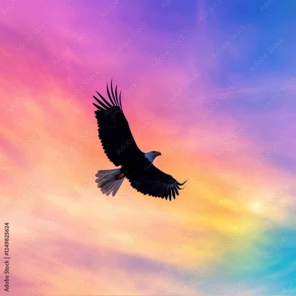 Fototapeta premium Silhouette of a bald eagle flying under a glowing rainbow sky