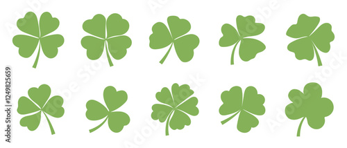 Set of hand drawn clover icons. Green shamrock icon. Irish St. Patrick's Day logo.