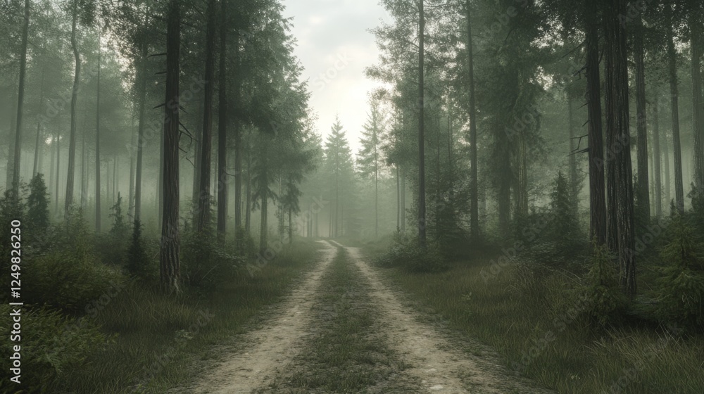 Fototapeta premium Misty forest path, nature scene, summer morning, tranquil background, travel photography