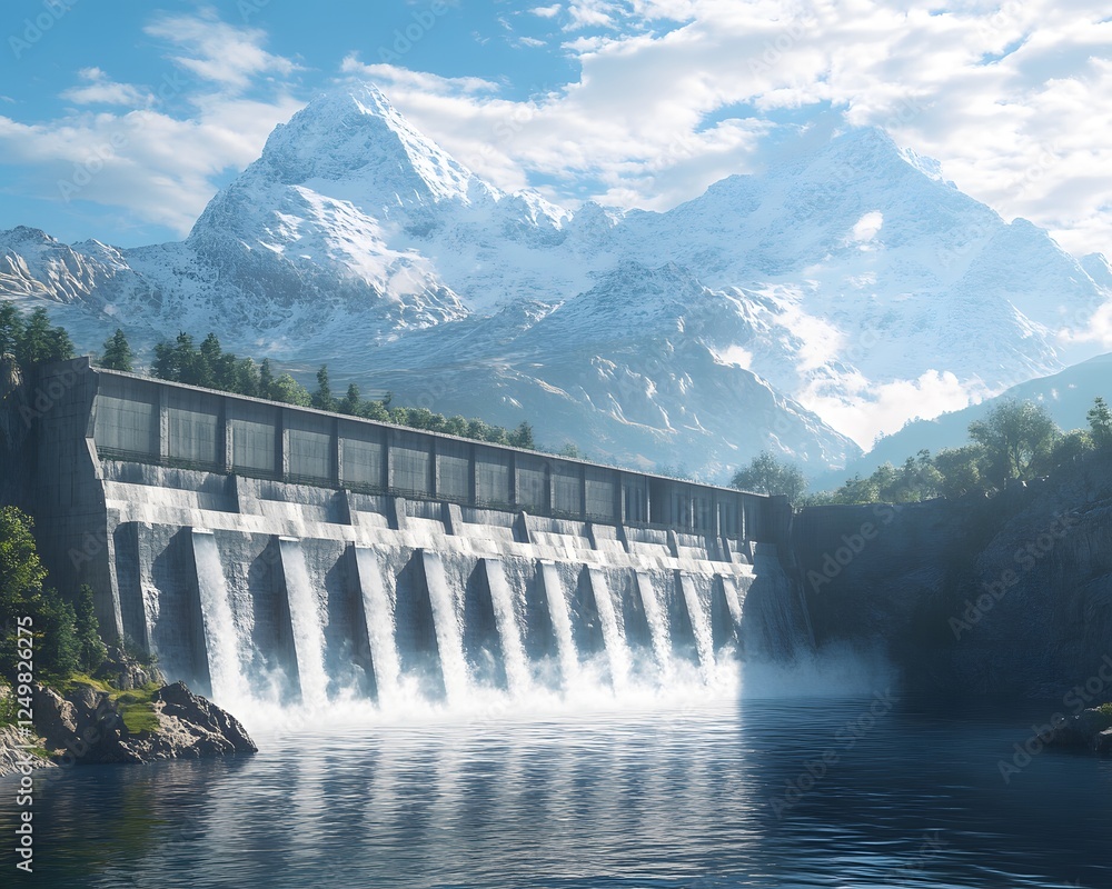 A stunning dam surrounded by majestic mountains and a clear blue sky. Water cascades powerfully, reflecting the beauty of nature and showcasing renewable energy. A stunning dam surrounded by majestic mountains and a clear blue sky. Water cascades powerfully, reflecting the beauty of nature and showcasing renewable energy.