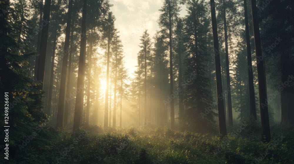 Obraz premium Misty sunrise forest path, nature tranquility, peaceful background, ideal for travel brochures