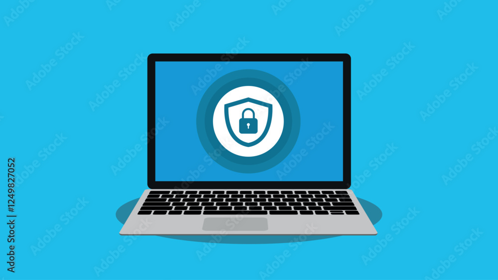 Laptop with shield and padlock on screen. Cyber security. Malware security protection. Flat style vector illustration Laptop with shield and padlock on screen. Cyber security. Malware security protection. Flat style vector illustration