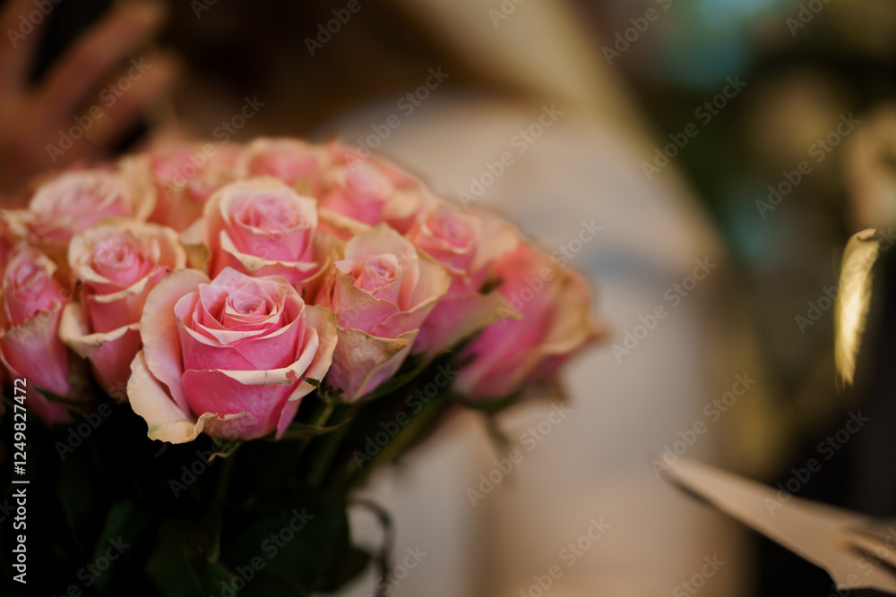 Obraz premium Romantic Bouquet of Pink Roses in a Softly Blurred Background