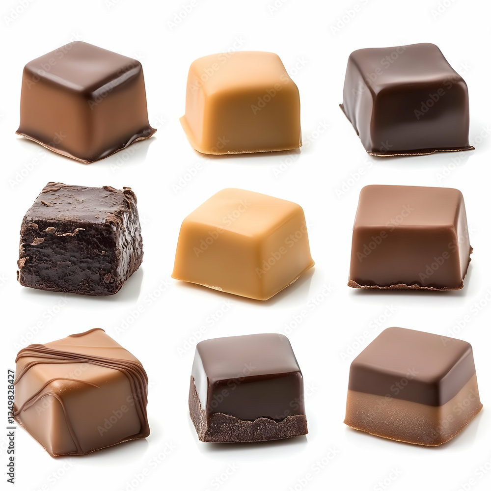 Assorted chocolate squares on white background; food photography for recipe or packaging Assorted chocolate squares on white background; food photography for recipe or packaging