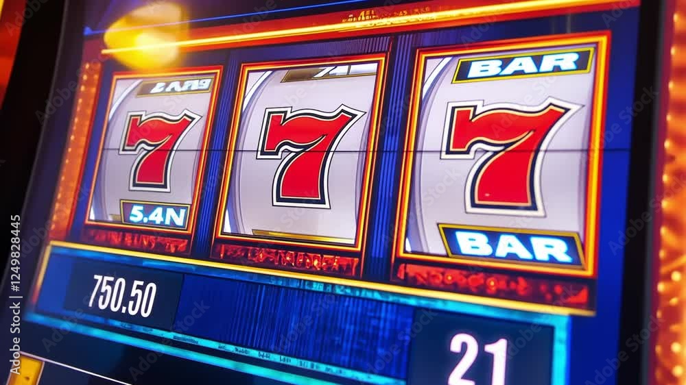 Close-Up View of Slot Machine Reels Showing Jackpot Winning Line