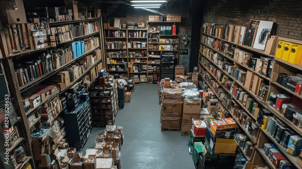 Warehouse interior with rows of shelves stacked high with boxes and equipment Warehouse interior with rows of shelves stacked high with boxes and equipment