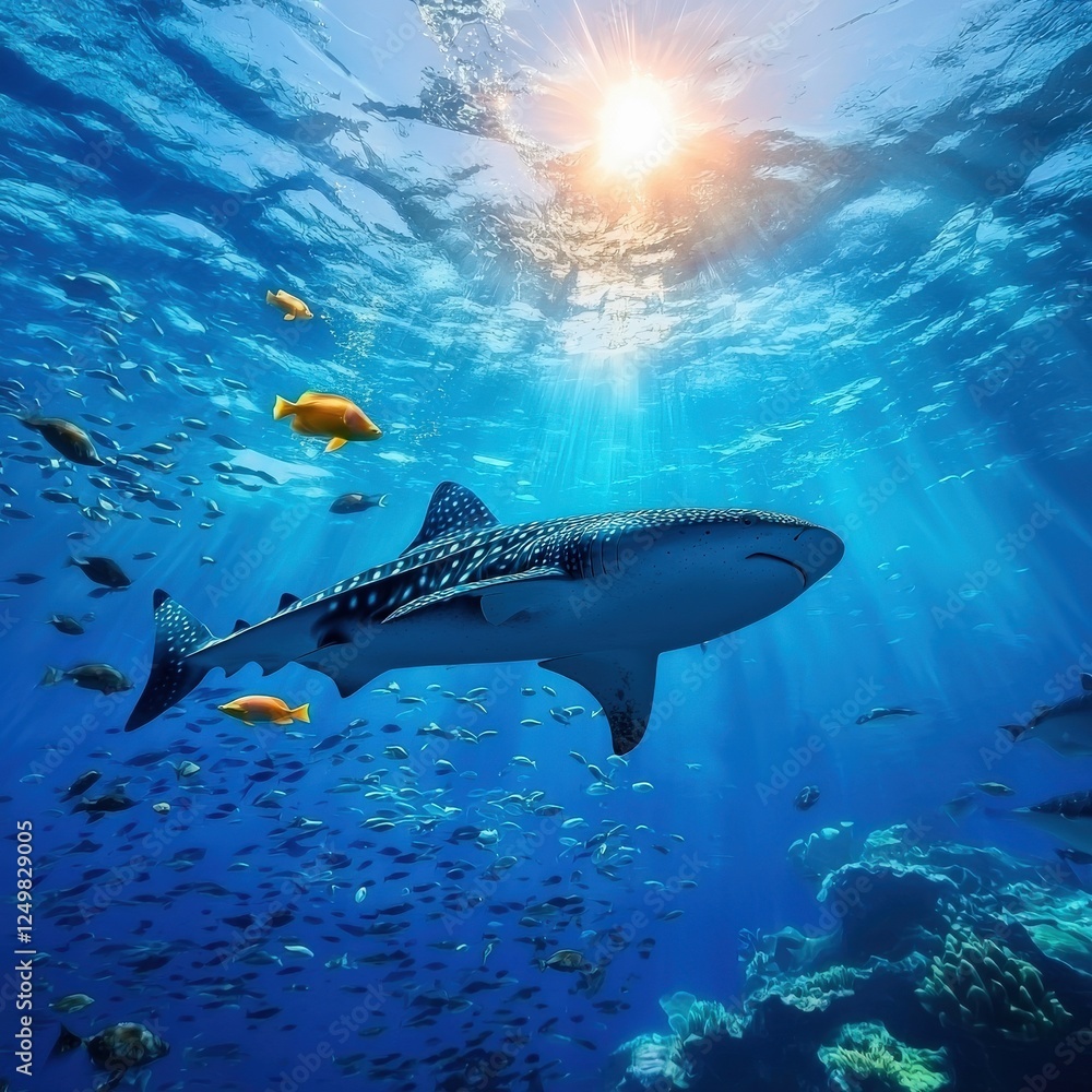 Fototapeta premium Whale shark surrounded by schools of fish in an open ocean scene