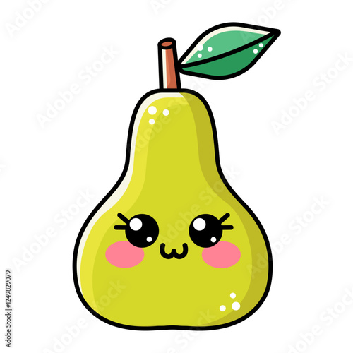 Outline light green pear in kawaii cute style isolated on white background