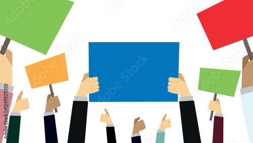 Hand lifting paper banner. Blank demonstration paper. Advertising concept. International labour day celebrate event background concept. 