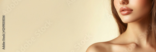 Sexy, slender beautiful woman. Model business. Fitness or plastic surgery, cosmetology. Banner for a cosmetics store. Beige background, space for text