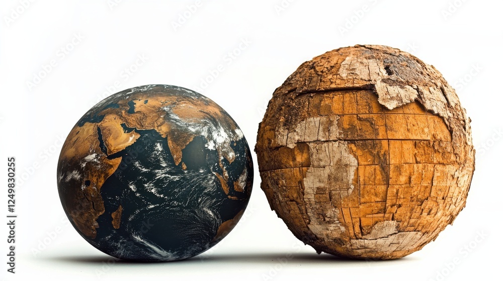 An artistic representation showcasing two contrasting spheres; one representing Earth with continents and oceans, and the other a textured wooden sphere symbolizing nature and time. An artistic representation showcasing two contrasting spheres; one representing Earth with continents and oceans, and the other a textured wooden sphere symbolizing nature and time.