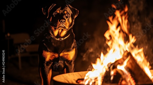 A Rottweiler standing near a blazing campfire in a dark outdoor setting, illuminated by the warm glow of the flames, showcasing its protective demeanor and strong physique photo