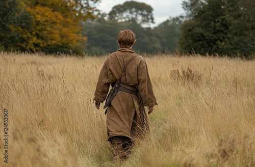 medieval peasant-costumed young man in a sea of wild herbs photo