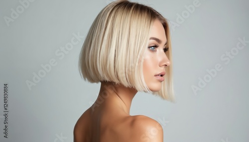 Blonde woman with short sleek bob hairstyle in profile view. Studio photo. Minimalist light background. Beauty, fashion. Focus on hair, face. Perfect for hair product ad magazine cover. Attractive