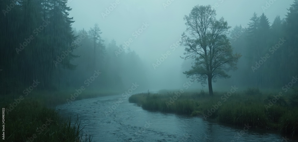 Fototapeta premium Gloomy forest scene. Heavy rain, fog create moody atmosphere. River flows through wet grassy area. Tall trees visible in fog. Natural landscape with dramatic weather. Dark, grey tones dominate view.