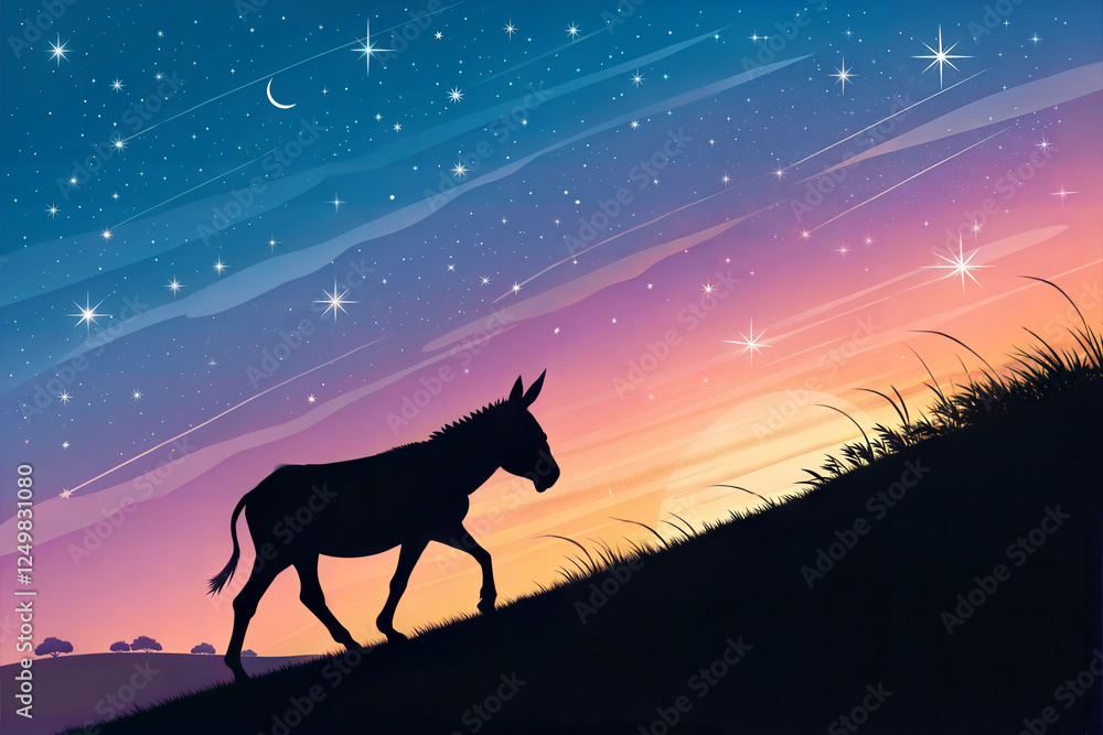 Silhouetted donkey walking against starry twilight sky Silhouetted donkey walking against starry twilight sky