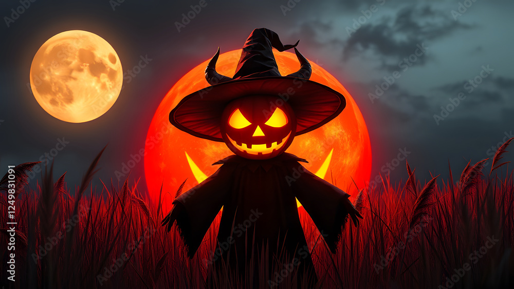 Naklejka premium A digital illustration shoot from a front camera angle about a halloween scene featuring a jack-o-lantern figure standing in tall grass with a full moon in the background. the image also shows a glowi
