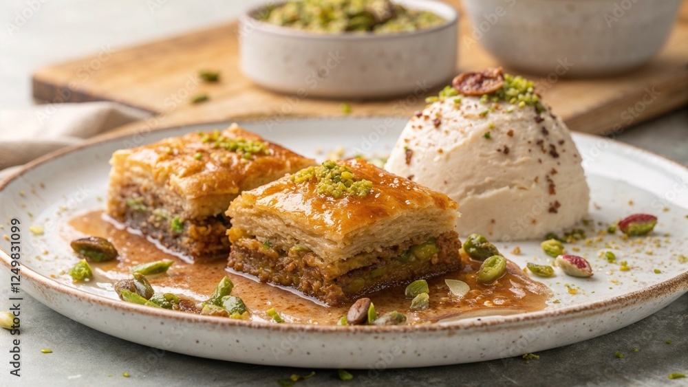 Delicious baklava with pistachios and ice cream on a white plate drizzled with syrup Delicious baklava with pistachios and ice cream on a white plate drizzled with syrup