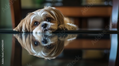 A small dog resting its head on a glass table reflecting its gaze, soft lighting creates a warm, cozy atmosphere in the background photo