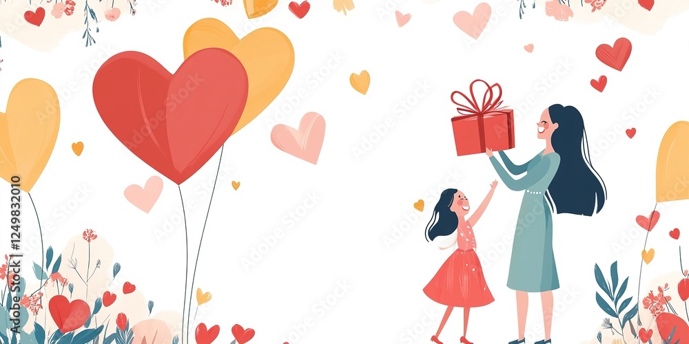 Happy mother's day. Children daughters are congratulating mom and giving her flowers. Mum and girls smiling and hugging. Family holiday and togetherness Happy mother's day. Children daughters are congratulating mom and giving her flowers. Mum and girls smiling and hugging. Family holiday and togetherness