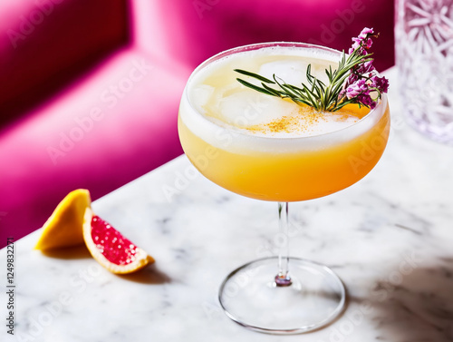 modern cocktail with floral garnish in a restaurant setting