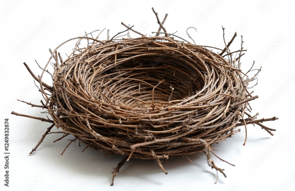 Obraz premium Empty bird nest made from twigs. Isolated on white background. Natural object. Cute illustration. Perfect for spring, Easter or nature themes. Ideal for kids or animal lovers. Graphic element.
