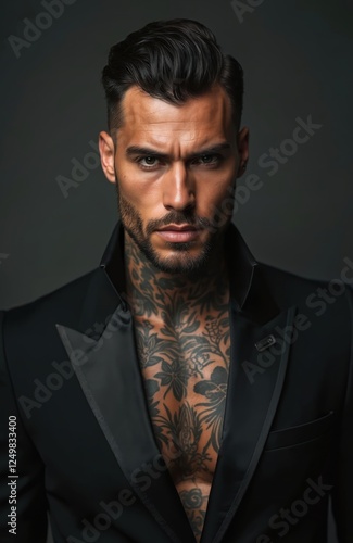 Handsome tanned Italian man with tattoos on chest, neck wears black luxurious suit. Looks directly at camera with confident, sensual gaze. Modern charismatic rich mafia boss novel protagonist posing