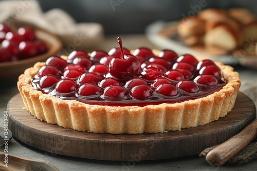 Cherry tart dessert, kitchen setting, pastries background, food photography photo