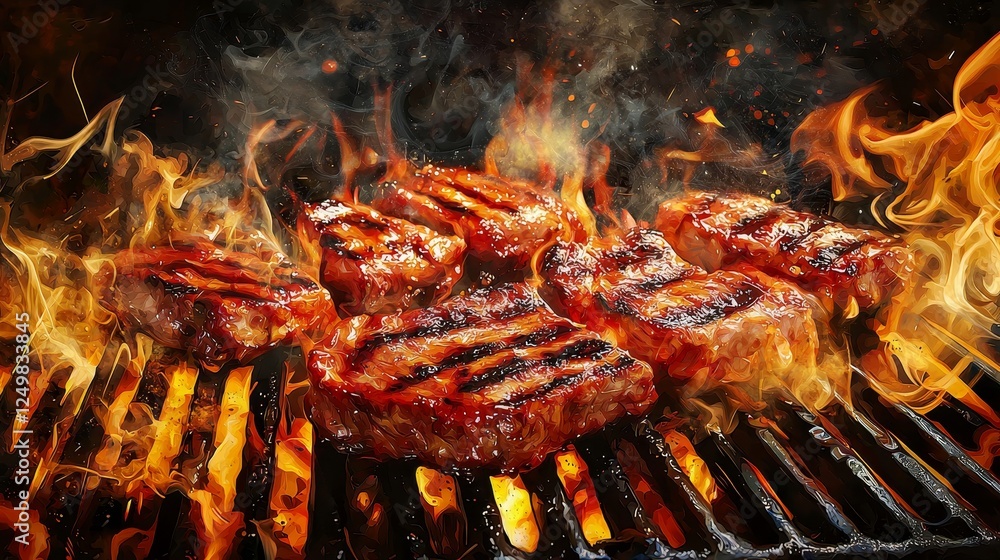 An artistic depiction of barbecue meat on a flaming grill, bold strokes of fire and smoke swirling together, vintage poster style, earthy colors, dynamic energy An artistic depiction of barbecue meat on a flaming grill, bold strokes of fire and smoke swirling together, vintage poster style, earthy colors, dynamic energy