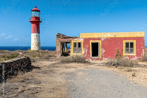 Die karibische Insel Bonaire ist bekannt. An der Stelle des Leuchtturms sind Ruinen zu finden, welche nahe den Sklavenhütten-positioniert sind photo