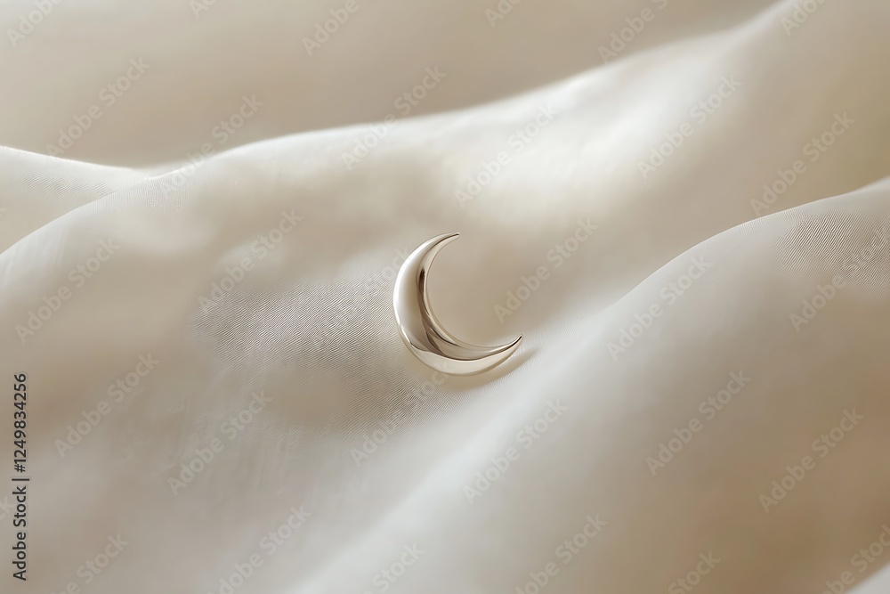 Silver crescent moon earring on white fabric background Silver crescent moon earring on white fabric background
