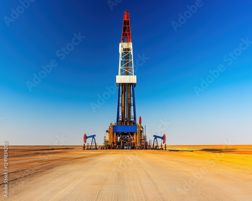 A towering oil drilling rig stands against a clear blue sky, symbolizing the oil industry's vast operations in remote landscapes. photo