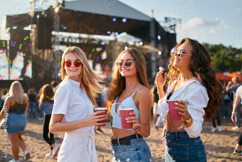 Group of happy young women with sunglasses enjoy summer music festival on sandy beach. Holding colorful drinks, dancing with stage in background. Casual outfits, trendy accessories, lively crowd.