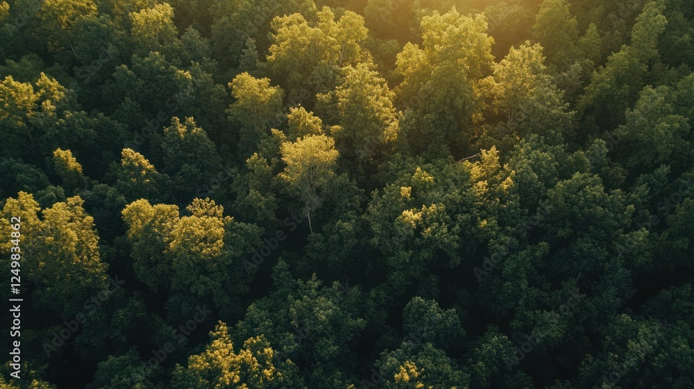 Aerial View of a Lush Green Forest Canopy Bathed in Golden Sunlight Aerial View of a Lush Green Forest Canopy Bathed in Golden Sunlight
