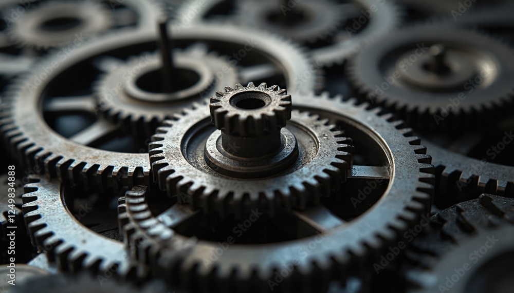 Complex gear mechanism in close-up view. Metal gears interlock in intricate patterns. Illustrates precision engineering. Industrial design prominent. Image perfect for tech topics like machinery, Complex gear mechanism in close-up view. Metal gears interlock in intricate patterns. Illustrates precision engineering. Industrial design prominent. Image perfect for tech topics like machinery,