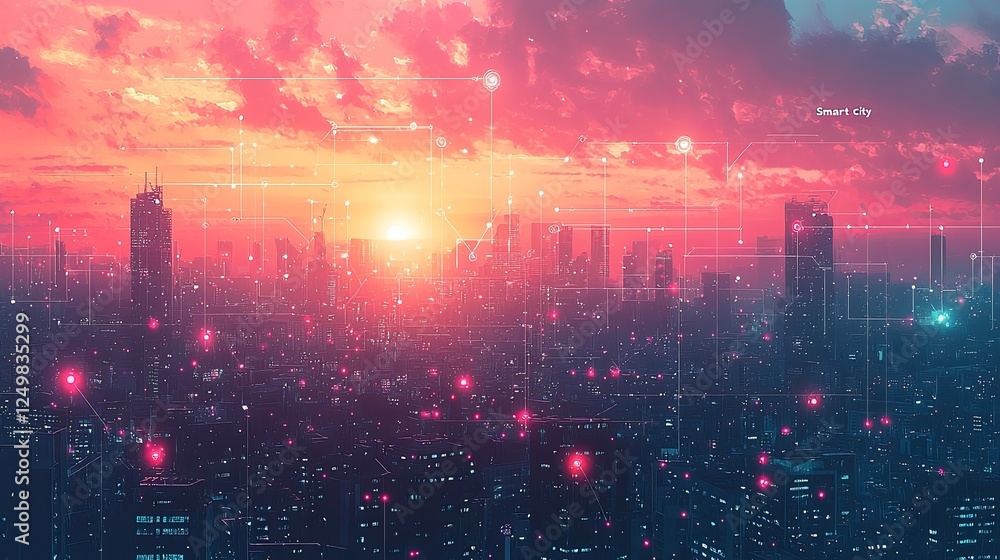 Fototapeta premium Futuristic cityscape with glowing network connections at sunset