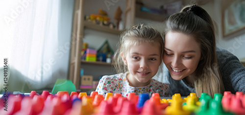 A caring mother assists her daughter with psychomotor retardation, symbolizing love, guidance, and support for autism-related challenges.