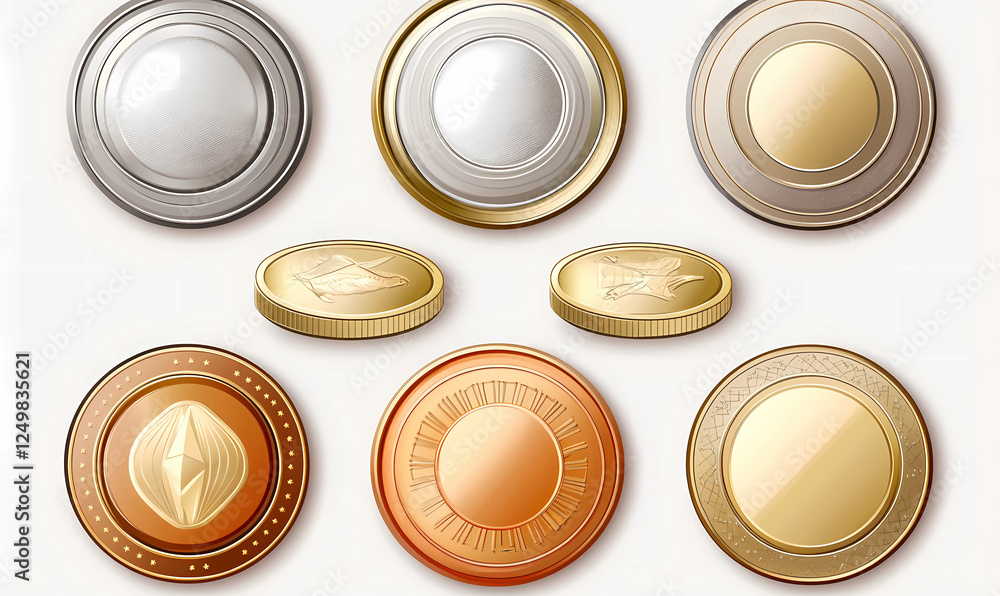 Collection of Shiny Coins Outlined in Metallic Detail, Ideal for Luxury, Wealth, and Finance Themes Collection of Shiny Coins Outlined in Metallic Detail, Ideal for Luxury, Wealth, and Finance Themes