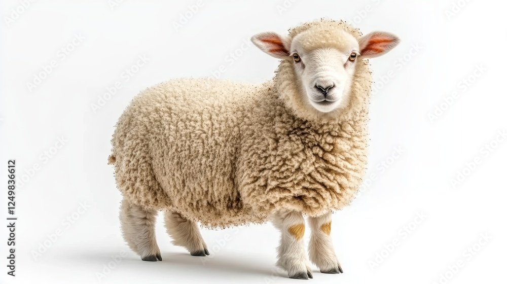Fototapeta premium A fluffy sheep standing on a white background.