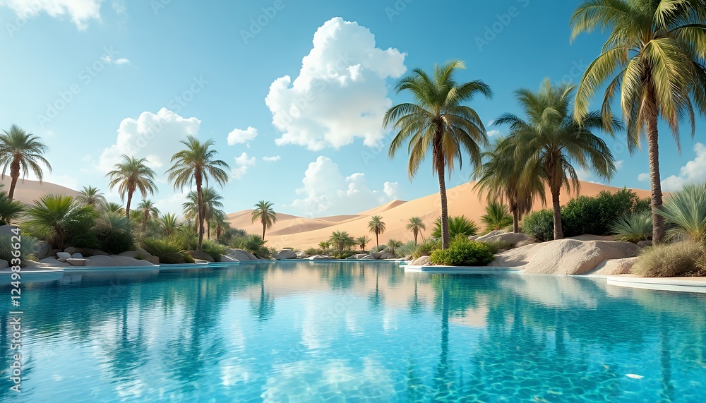 Oasis Lagoon View in Desert Landscape with Palm Trees and Clear Sky Oasis Lagoon View in Desert Landscape with Palm Trees and Clear Sky