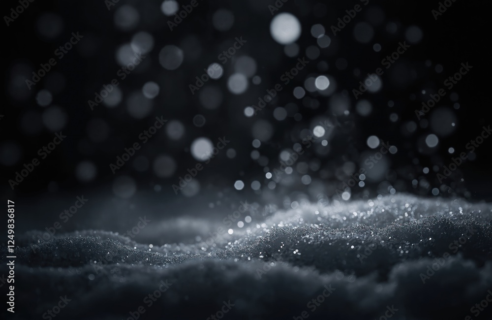 Dark night scene snowfall on layer of snow. Soft white bokeh particles beautifully fall on dark background. Defocused view of white snow gives impression of soft blizzard. Design element perfect for Dark night scene snowfall on layer of snow. Soft white bokeh particles beautifully fall on dark background. Defocused view of white snow gives impression of soft blizzard. Design element perfect for
