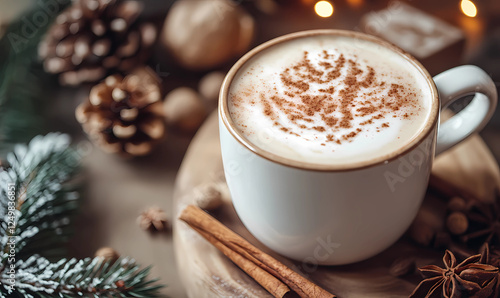 Cinnamon-Spiced Latte with Nutmeg Sprinkle, Perfect for Cozy Cafes and Winter-Themed Drinks photo