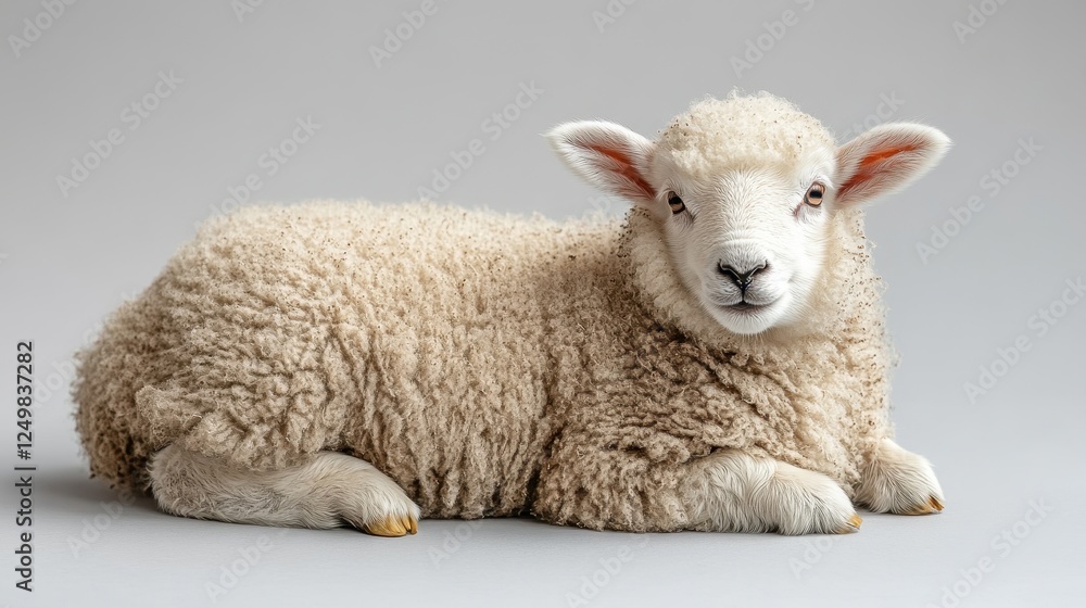 Fototapeta premium A cute, fluffy lamb lying down against a neutral background.