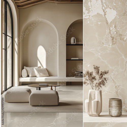 mood board for a living room with a modern classic style, colors beige, vanilla, black steel framed windows and light marble finish epoxy flooring with decorative arched wall shelves
